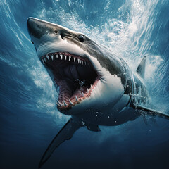 Obraz premium An angry big shark opens its mouth wide with sharp teeth. Undersea animals. Fish. Illustration, Generative AI.