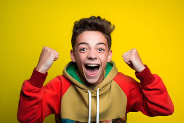 Studio portrait of a teenager boy being happy and excited, isolated on colorful background. Teenager emotions or moods concept. Generative AI