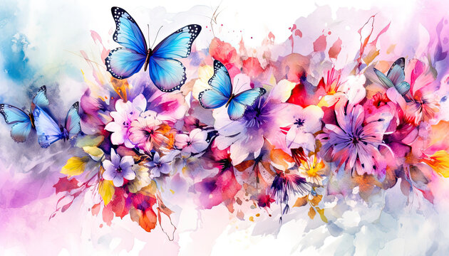 A Colorful Garden: A Digital Art Illustration,flowers and butterflies,abstract watercolor background,butterflies and flowers