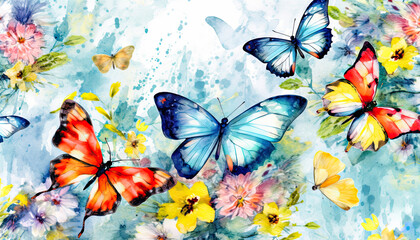 A Colorful Garden: A Digital Art Illustration,flowers and butterflies,abstract watercolor background,butterflies and flowers