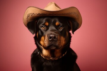 Close-up portrait photography of a cute rottweiler wearing a sombrero against a dusty rose background. With generative AI technology