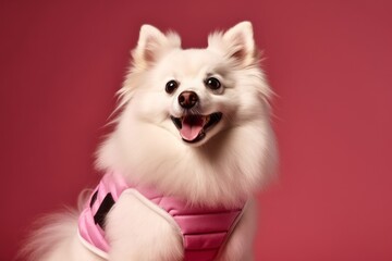 Fototapeta na wymiar Close-up portrait photography of a cute american eskimo dog wearing a training vest against a dusty rose background. With generative AI technology