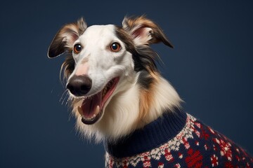 Close-up portrait photography of a smiling borzoi wearing a festive sweater against a navy blue background. With generative AI technology