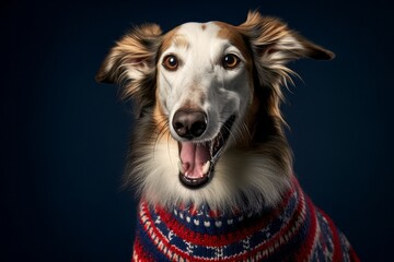Close-up portrait photography of a smiling borzoi wearing a festive sweater against a navy blue background. With generative AI technology