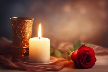 Romantic candle lights with red rose