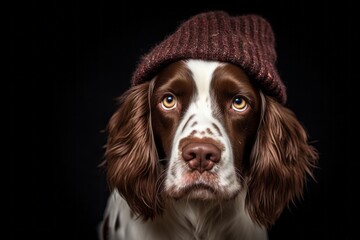 Close-up portrait photography of a funny english springer spaniel wearing a winter hat against a matte black background. With generative AI technology