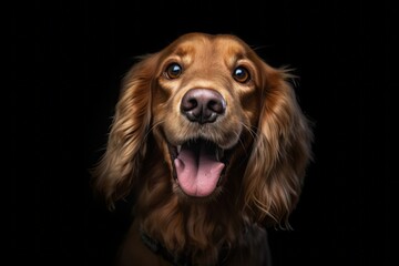Close-up portrait photography of a happy cocker spaniel wearing a therapeutic coat against a matte black background. With generative AI technology