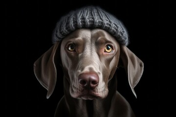 Close-up portrait photography of a funny weimaraner dog wearing a winter hat against a matte black background. With generative AI technology