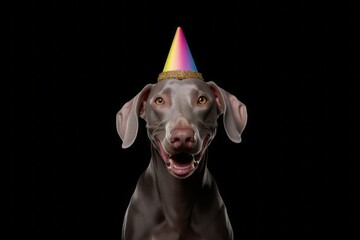 Medium shot portrait photography of a smiling weimaraner dog wearing a unicorn horn against a matte black background. With generative AI technology