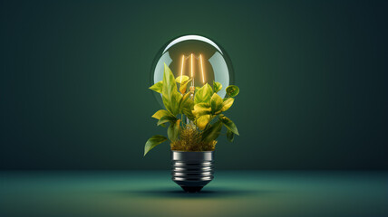 energy saving bulb with green leaves and tree on blurred background
