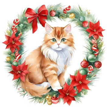 Watercolor Art: A Majestic Siberian Cat Adorns a Traditional Holiday Wreath