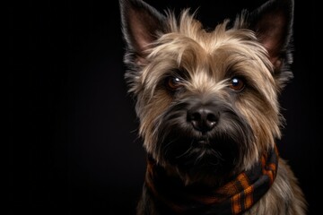Naklejka na ściany i meble Group portrait photography of a happy cairn terrier wearing a bandana against a matte black background. With generative AI technology