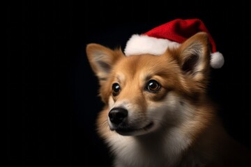 Close-up portrait photography of a cute norwegian lundehund wearing a christmas hat against a matte black background. With generative AI technology