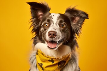 Photography in the style of pensive portraiture of a smiling papillon dog wearing a bandana against a bright yellow background. With generative AI technology