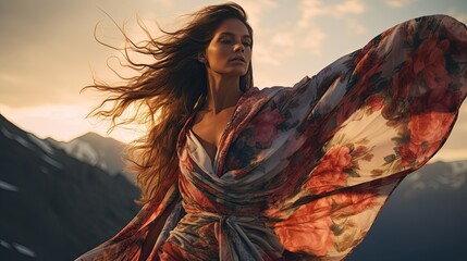 Fototapeta premium Model on a mountaintop, wearing a floral scarf that dances in the wind, epitomizing freedom.