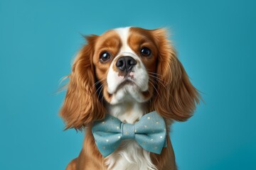 Close-up portrait photography of a smiling cavalier king charles spaniel dog wearing a cute bow tie against a teal blue background. With generative AI technology