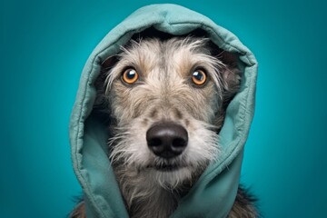 Medium shot portrait photography of a happy scottish deerhound wearing a fluffy hoodie against a teal blue background. With generative AI technology