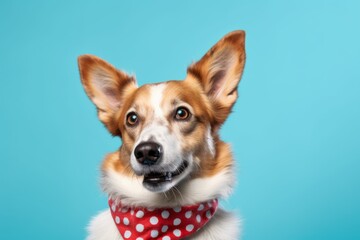 Obraz premium Close-up portrait photography of a cute norwegian lundehund wearing a polka dot bandana against a teal blue background. With generative AI technology