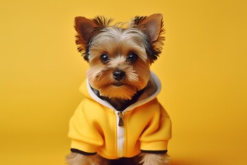 Medium shot portrait photography of a cute yorkshire terrier wearing a jumper against a pastel yellow background. With generative AI technology