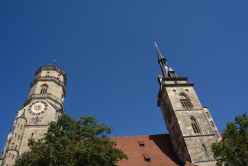 Collegiate Church in Stuttgart with west and south towers in the sunlight