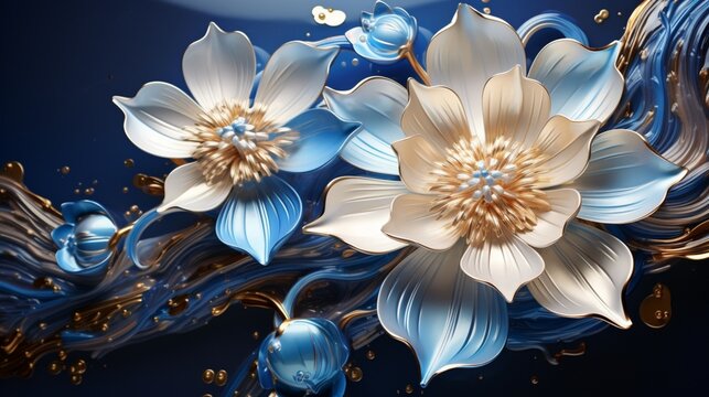 Fototapeta 3d wallpaper design golden blue flowers