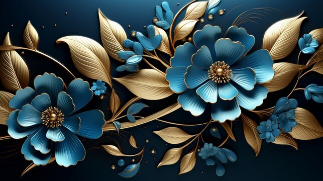 Fototapeta 3d wallpaper design golden blue flowers