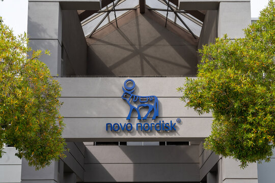 Close up of Novo Nordisk logo sign on the building in Fremont, California, USA, June 11, 2023. Novo Nordisk is a Danish multinational pharmaceutical company. 