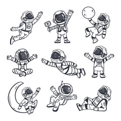 set of cartoon astronauts isolated on white background. Doodle style, elements for book, magazines. Coloring page. 