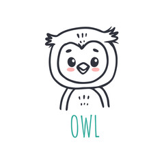 funny owl in cartoon style. Forest animal. Doodle illustration owlet head for cards, magazins, banners. 