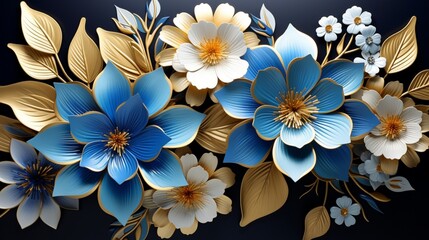 3d wallpaper design golden blue flowers