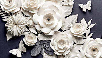 White Paper Flower and Butterfly Wall Decoration in Monochrome