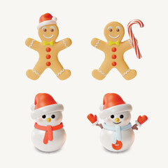 3d Merry Christmas and Happy New Year Concept Snowman Character and Gingerbread Man Set Cartoon Style. Vector illustration