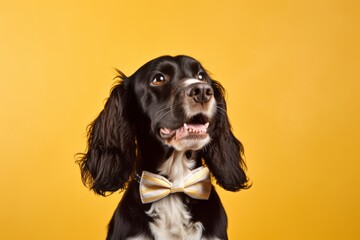 Photography in the style of pensive portraiture of a smiling cocker spaniel wearing a tuxedo against a pastel yellow background. With generative AI technology