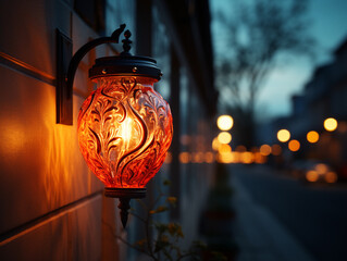 
Decorative wall light up at dusk. Mounted on the wall to illuminate the area. It has a classic design and warm-colored light.