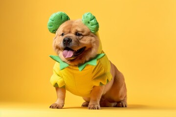 Medium shot portrait photography of a funny chow chow dog wearing a dinosaur costume against a...