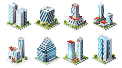 A set of isometric skyscraper buildings, including business offices and commercial towers - obrazy, fototapety, plakaty