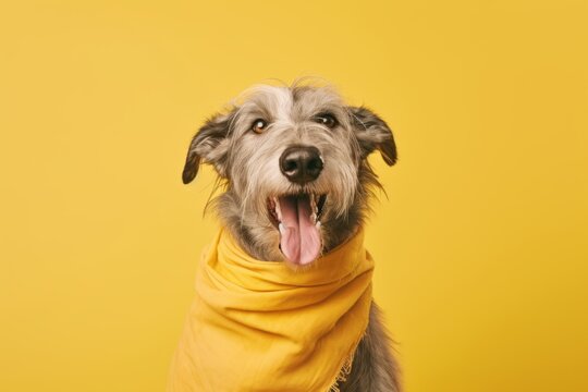 Group portrait photography of a smiling irish wolfhound dog wearing an anxiety wrap against a pastel yellow background. With generative AI technology