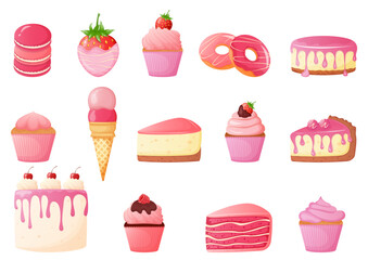 Trendy pink color set of cakes and desserts