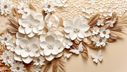 White and beige Floral and Butterfly Background in Soft and Dreamy Style