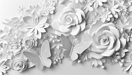 White Paper Flower and Butterfly Wall Decoration in Monochrome,floral background