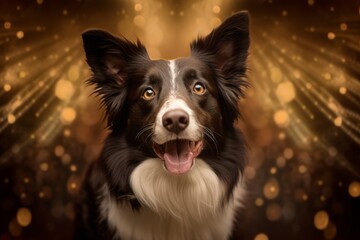 Close-up portrait photography of a happy border collie wearing a fairy wings against a rustic brown background. With generative AI technology