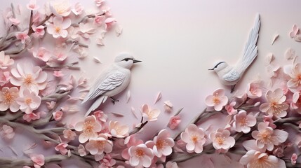 3d wallpaper design with little flowers and birds for photomural