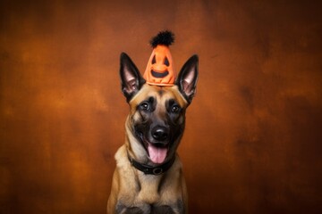 Medium shot portrait photography of a funny belgian malinois dog wearing a halloween costume against a rustic brown background. With generative AI technology