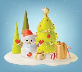 3d Merry Christmas and Happy New Year Concept Xmas Tree with Snowman and Gift Boxes Around Cartoon Style. Vector illustration of Celebration Winter Holidays