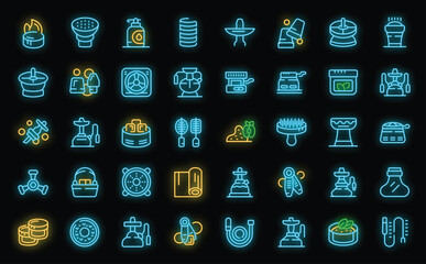 Hookah accessories icons set outline vector. Menu lifestyle. Box leaves neon color on black