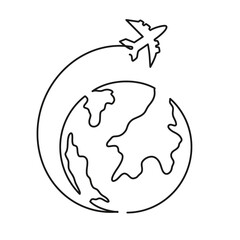 Continuous one line art vector earth with plane illustration