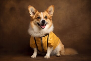 Medium shot portrait photography of a happy norwegian lundehund wearing a bee costume against a rustic brown background. With generative AI technology