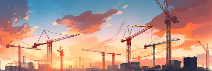 Poster cranes lifting large construction materials. Generative AI © Лилия Захарчук