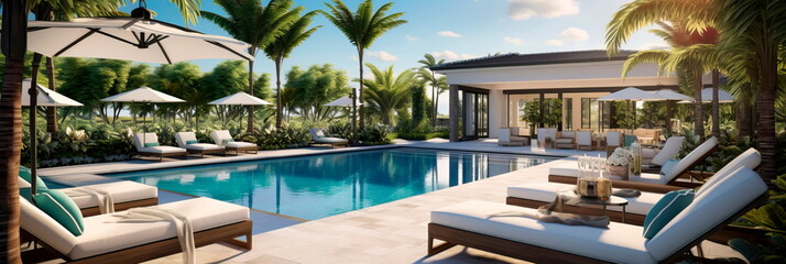 Fototapeta premium seating area adjacent to a pool, featuring lounge chairs, sun umbrellas, and a shaded cabana. Generative AI