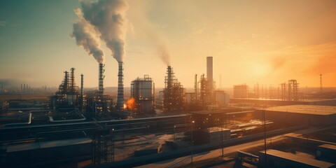 Obraz premium Aerial view of a sprawling industrial complex with smokestacks and warehouses. Generative Ai